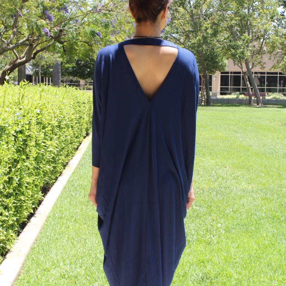 Deep Back Cut Out 3/4 Sleeve Women Blue Dress